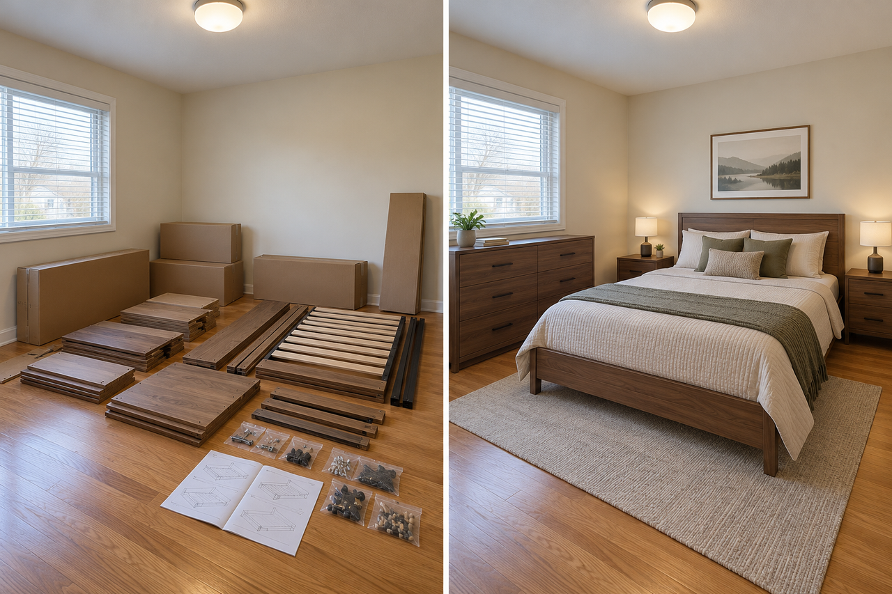 Before and after: complete bedroom furniture set assembled and positioned