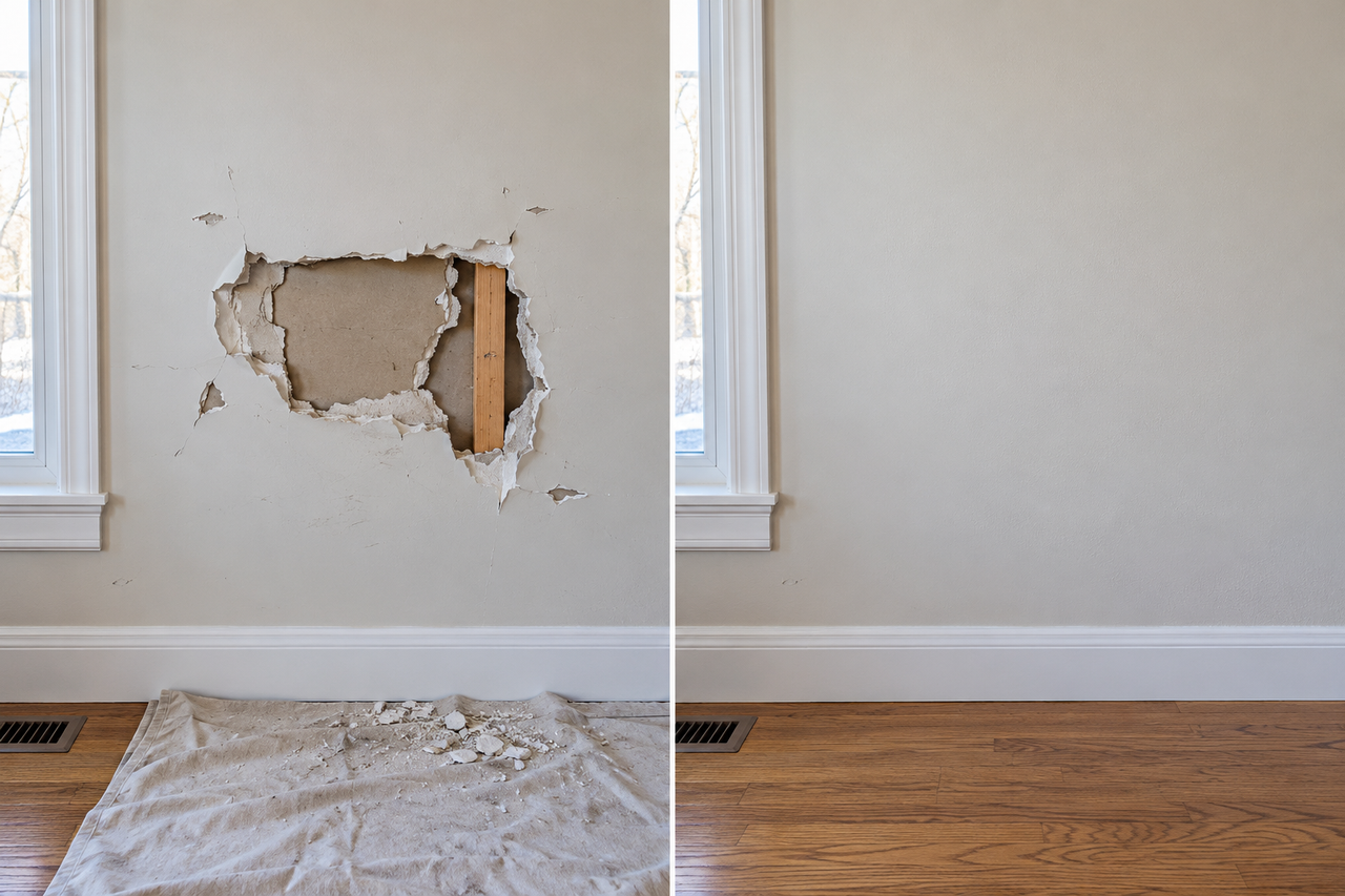 Before and after: heavily damaged drywall restored and repainted to a smooth finish