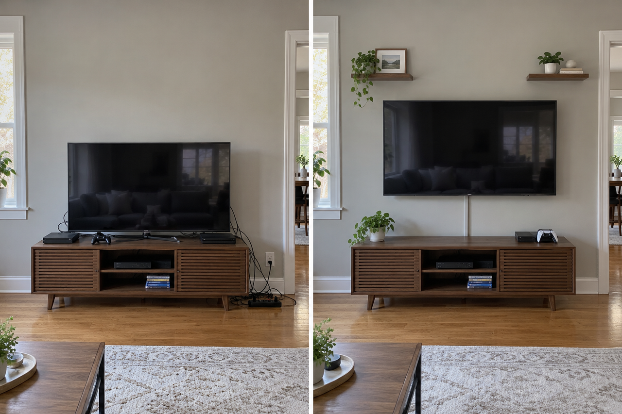 Before and after: TV wall-mounted with organized cables and coordinated shelving