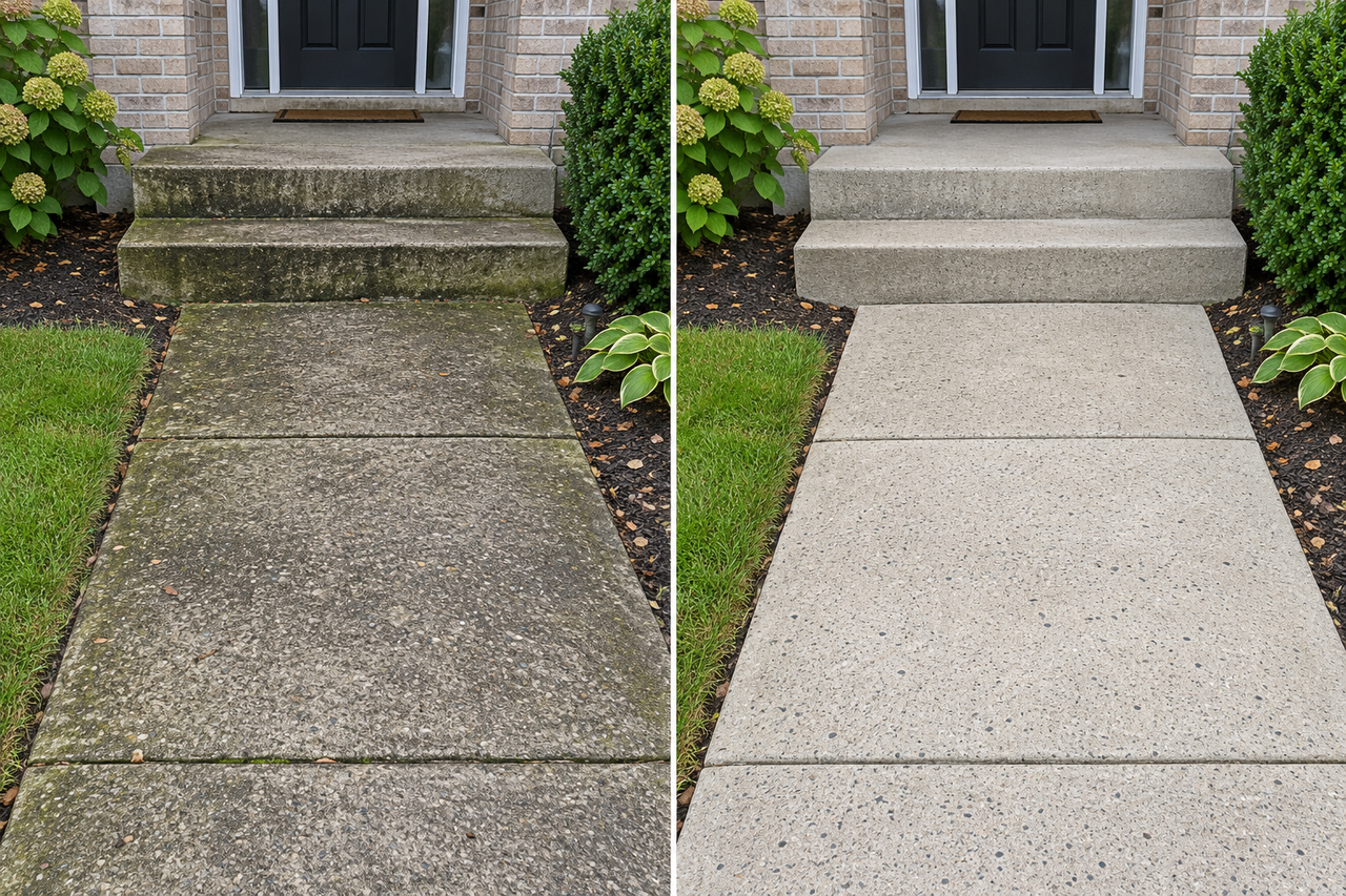 Before and after: weathered concrete walkway and entrance pressure-washed clean