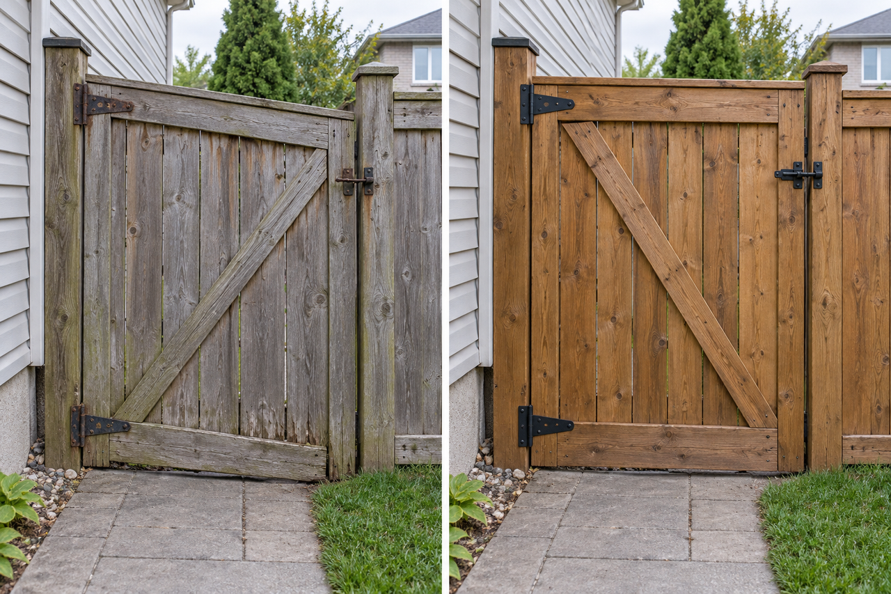 Before and after: sagging wooden fence gate realigned and restored