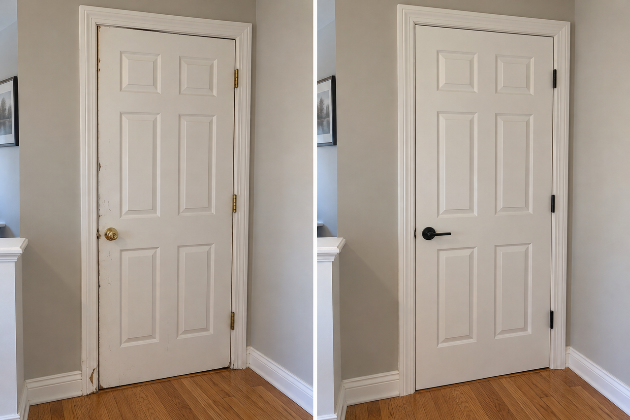 Before and after: worn interior door repaired and upgraded with modern lever hardware