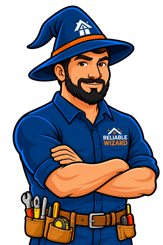 Reliable Wizard mascot, a friendly handyman wizard with arms crossed
