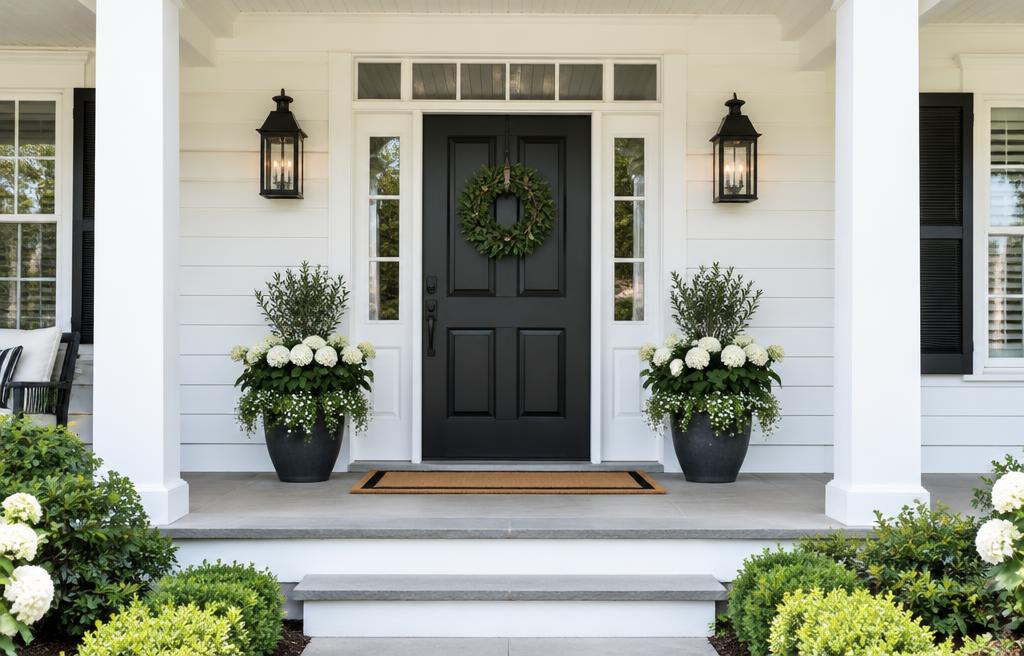 Tidy front porch of a white house