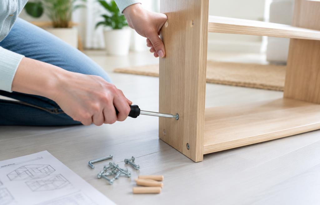 Hands assembling a wooden shelf unit