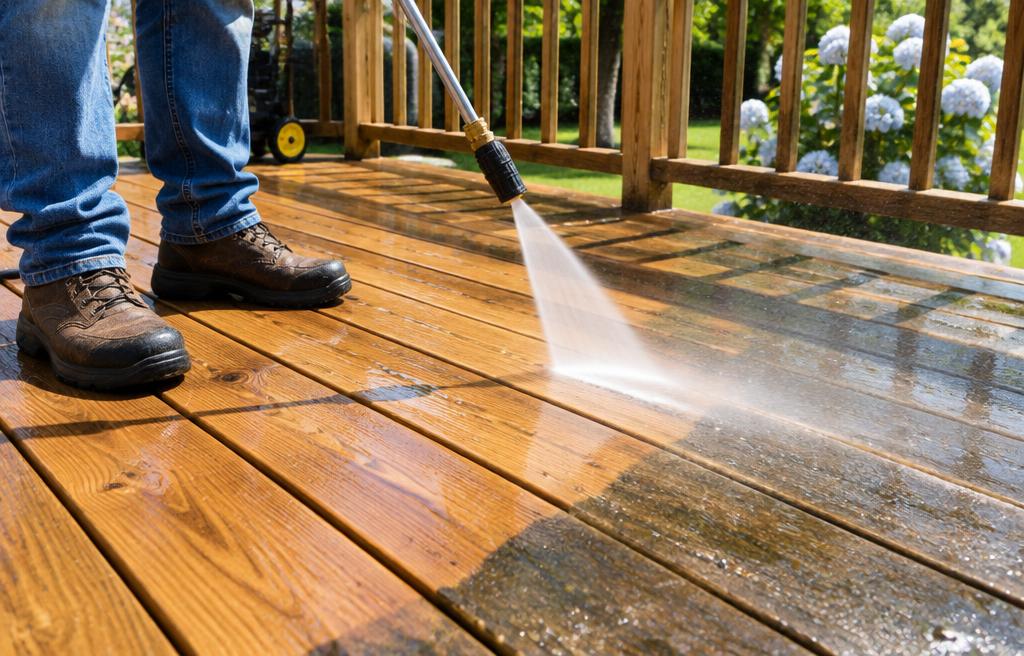 Pressure washer cleaning a wooden deck